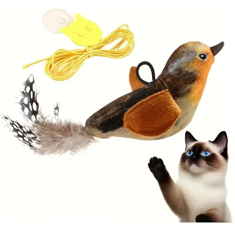 Brinquedo interativo para gatos, em forma de pássaro de pelúcia, ativado por som e fixado na parede, com catnip, para brincadeiras e entretenimento de gatos em ambientes fechados.