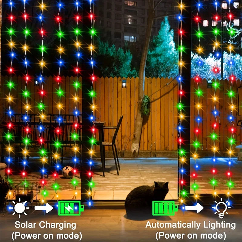 Solar led cortina de luz ao ar livre guirlanda solar fada luz da corda fio cobre lâmpadas para jardim quintal festa casamento decoração do feriado
