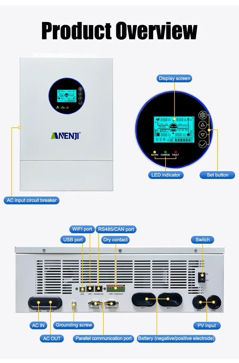 Inversor Solar Híbrido ANENJI de Fase Dividida 12KW 48V com 2 MPPT, AC 120VAC 240VAC, Onda Senoidal Pura, Off Grid, Carregador Solar MPPT 200A, Entrada Dupla PV 500VDC