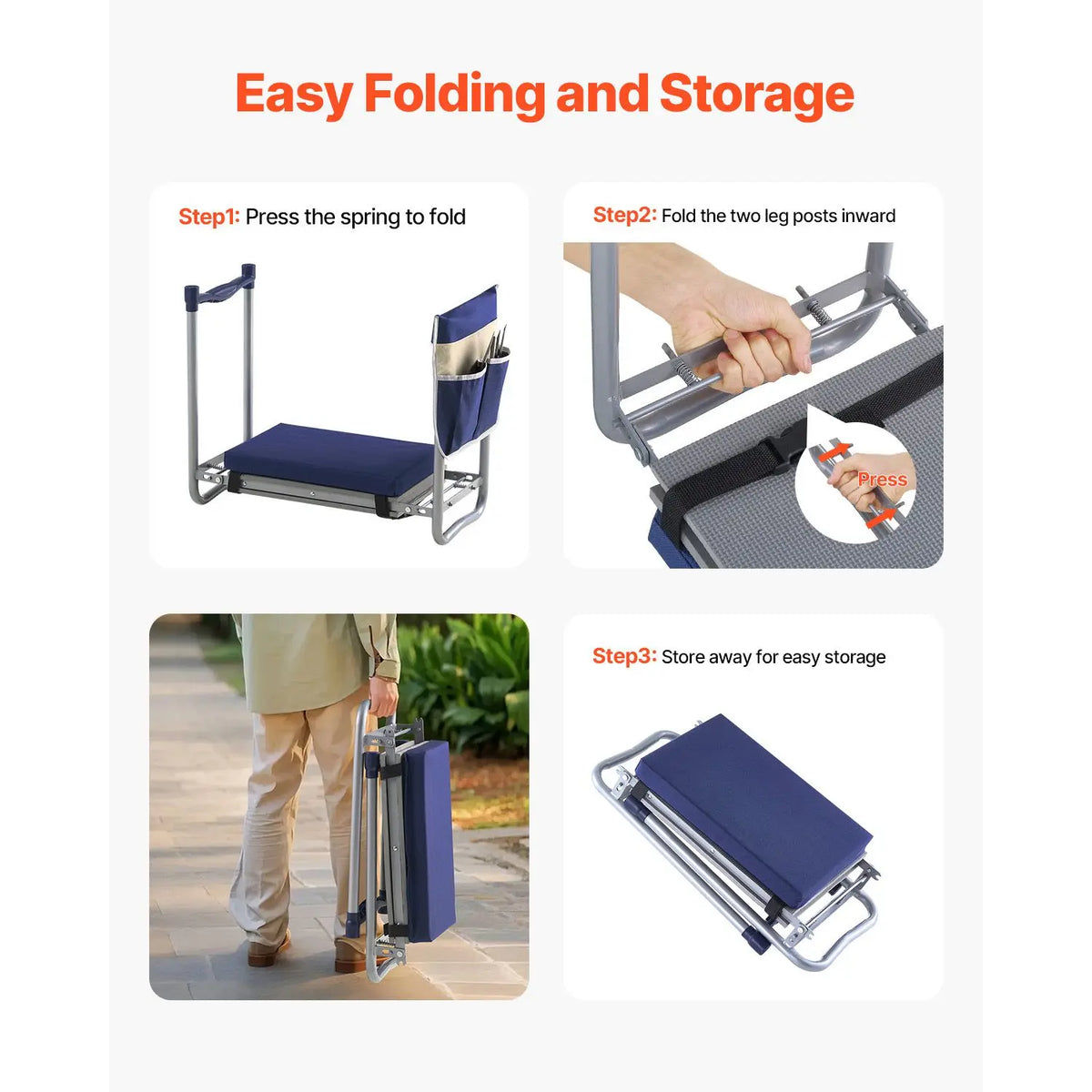 Heavy Duty 11 in Wide Thick Garden Kneeler Seat Folding Garden Stool with 1 Tool Bag Garden Tools Accessory