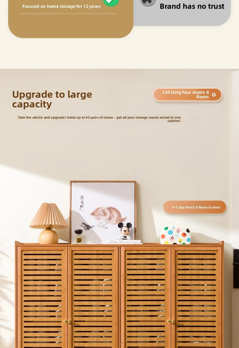 Armário de Sapatos de Bambu com Porta de Persiana, Armário de Armazenamento Multicamadas para Sala de Estar, Armário de Jantar, Armário de Utensílios de Cozinha