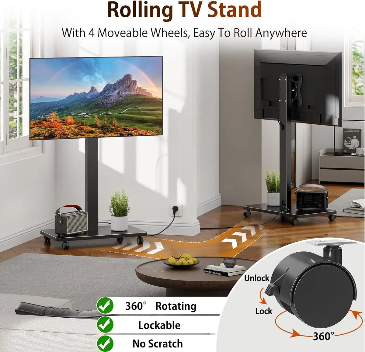 Suporte de TV rolante para TV plana curvada de 10 "-42" com retrato giratório para paisagem Suporte de TV portátil ajustável em altura com rodas
