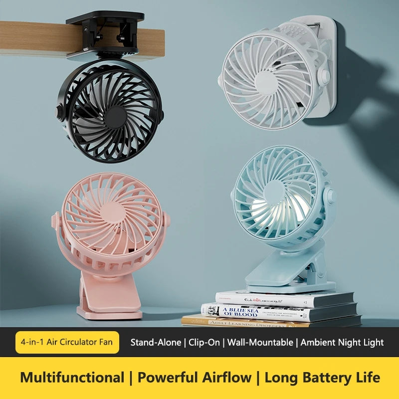 Mini Ventilador Portátil 720 ° Ventilador Portátil Recarregável USB com Lâmpada Noturna Integrada e Rotação, Fluxo de Ar Potente para Viagens, Camping e Atividades ao Ar Livre