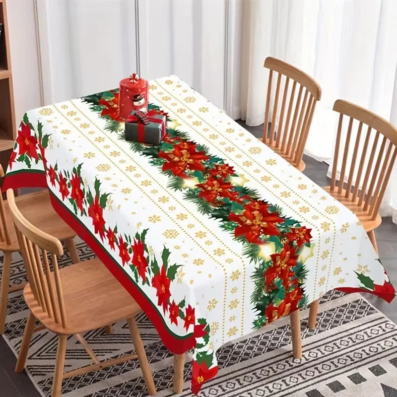 Toalha de Mesa de Natal: Decoração Clássica de Inverno com Estampa de Papai Noel, Floco de Neve e Pinhas – Suprimentos para Cenário Festivo