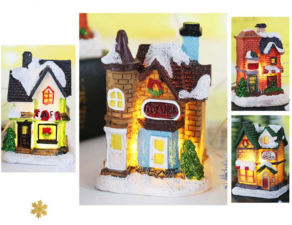 Enfeite de casa em miniatura de resina para o Natal, decoração de mesa com tema de aldeia natalina, casa em miniatura, cena em miniatura, decoração para festas de fim de ano.