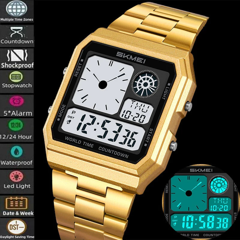 Skmei Electronics Sports Watches for Mens Classical Analog Digital Display Multiple Time Zone LED Waterproof Male 5 Alarm Clock