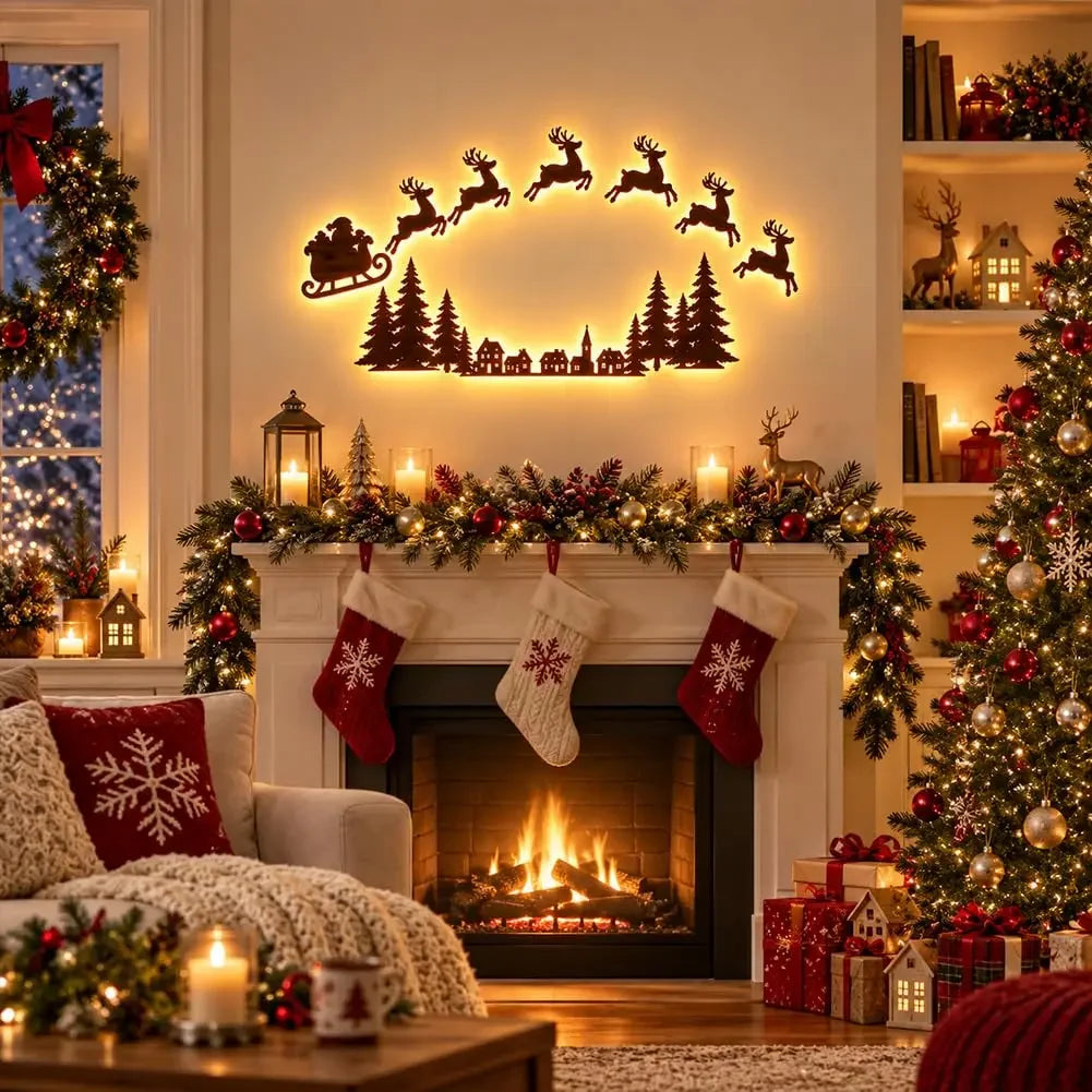 Decoração de parede natalina com luzes LED, trenó do Papai Noel, renas, árvore de pinheiro, encaixe recortado, para pendurar na moldura da porta, decoração para festas e celebrações em casa.