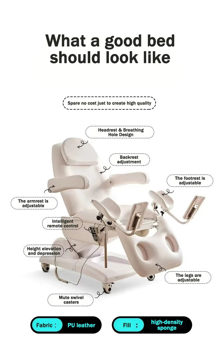Mesa de Exame Ginecológico Elétrica Hidráulica com Altura Ajustável, Estrutura Estável, Cama de Exame Médico em Couro PU de Alta Qualidade