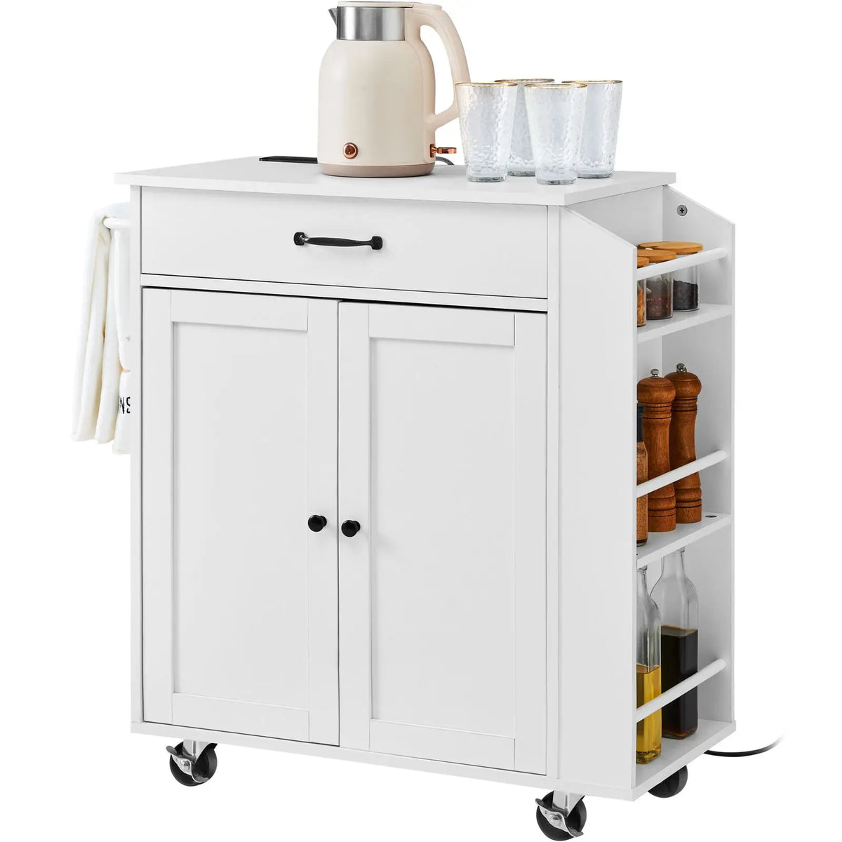 "Marble & Metal 32" Mobile Kitchen Cart with Storage Power Outlet Spice Rack & Towel Bar"