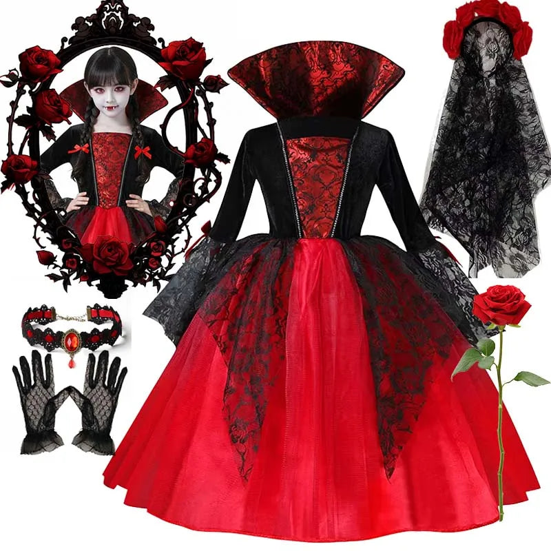 Fantasia de Halloween para Meninas: Cosplay Gótico de Noiva Fantasma, Bruxa, Vampira, Vestido Tutu Vermelho e Preto, Peruca, Véu, Kits para Festas de Halloween