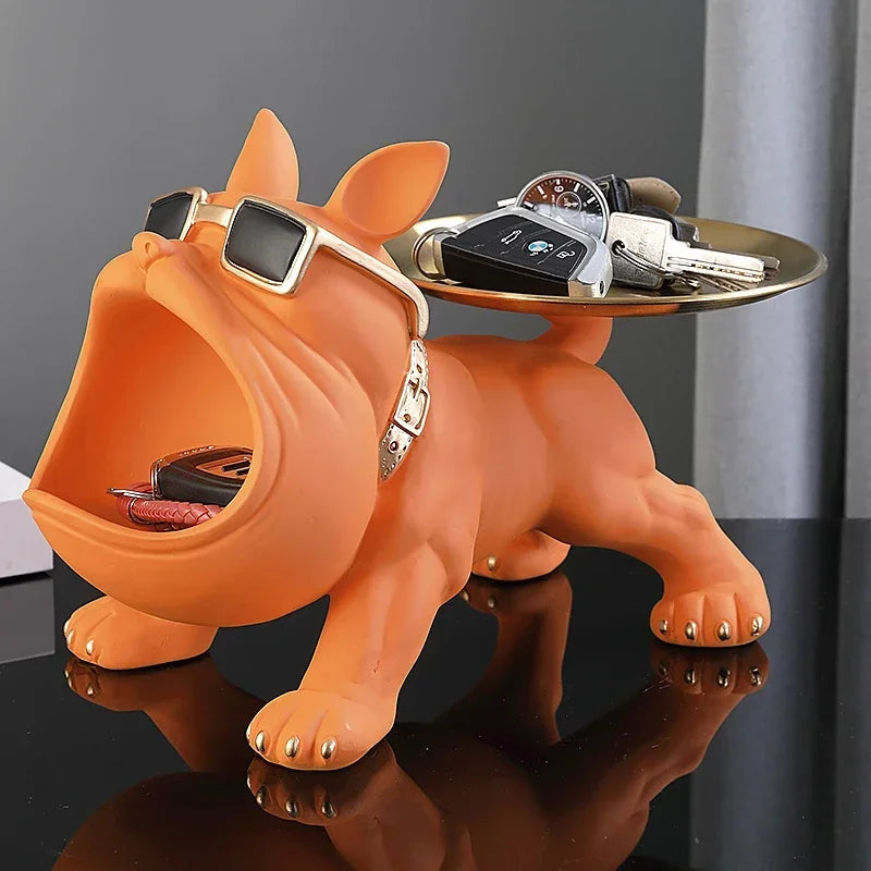 Estátua de cachorro de resina, estátua de buldogue, bandeja de armazenamento, decoração de animais, artesanato de resina, escultura de arte, estátua de cachorro, decoração de casa