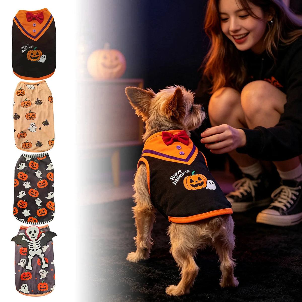 Fantasia de Halloween para Pets: Colete Divertido com Estampa de Abóbora e Morcego para Cães Pequenos - Roupa de Halloween para Pets