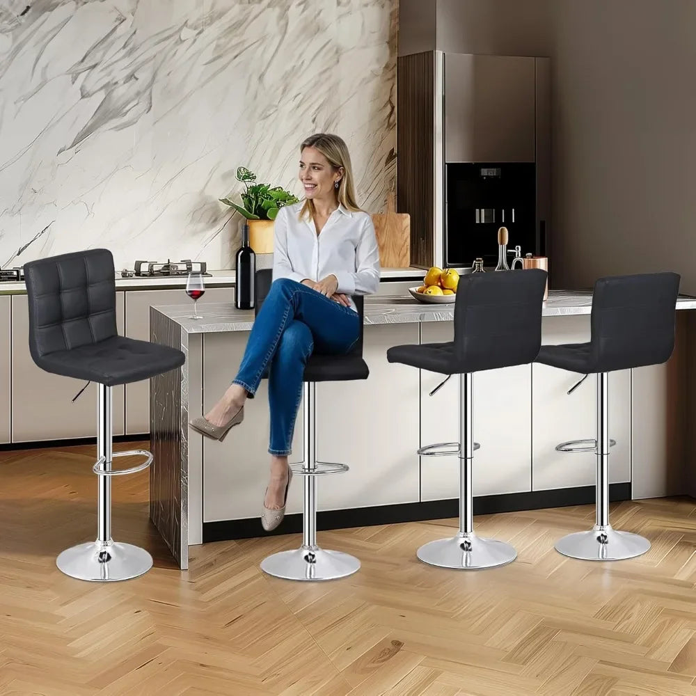 Conjunto de 4 Banquetas Giratórias Ajustáveis, Banquetas Modernas de Couro PU para Cozinha, Banqueta com Encosto Quadrado Personalizada