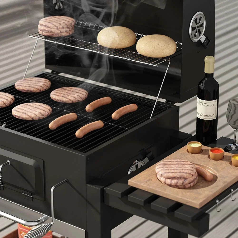 Grelha a carvão para churrasco portátil ao ar livre, churrasqueira de jardim com tampa, mesa dobrável, prateleira inferior e termômetro