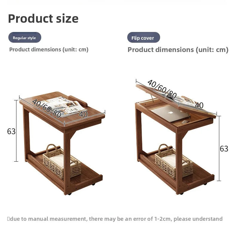 Mesa de centro móvel de madeira maciça, prateleira de armazenamento para sala de estar, mesa lateral dobrável para sofá de sala de estar, mesa de cabeceira de madeira maciça para quarto