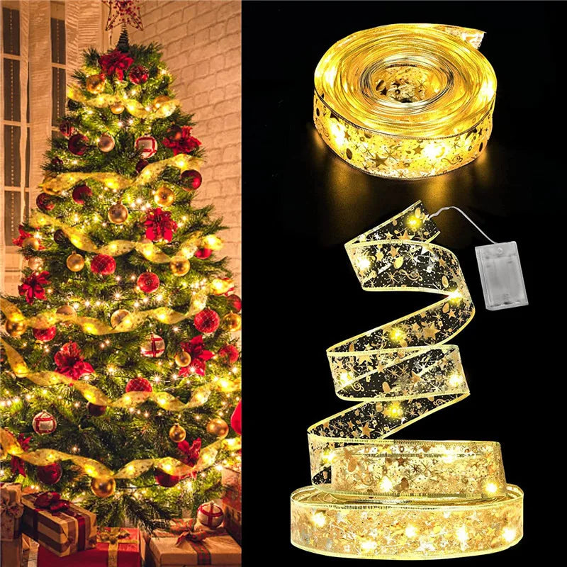 LED Ribbon Fairy Lights para Natal, enfeites de árvore de Natal, decoração, DIY Bows, String Light, Ano Novo, 2025, 2025