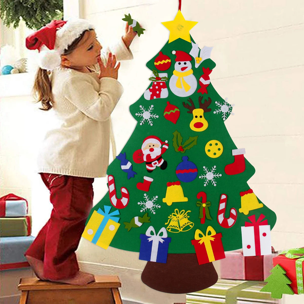 DIY sentiu a árvore de Natal com luz, decorações do Feliz Natal para a casa, ornamentos da árvore do Natal, presente do ano novo, 2024