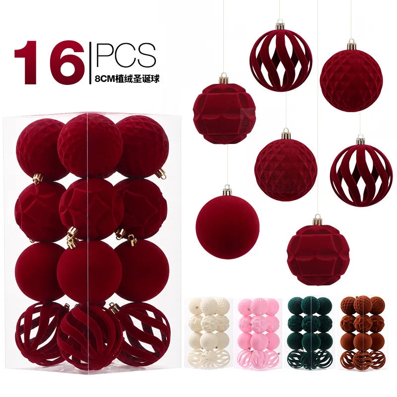 16 Bolas de Natal de Veludo de 8CM, Enfeites de Luxo Flocados para Pendurar na Árvore de Natal, Pingentes para Decorações de Festas de Ano Novo