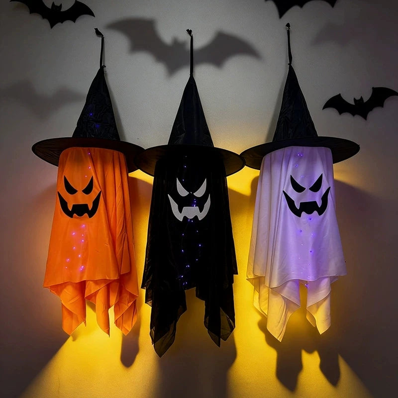 Chapéu de Bruxa LED Brilhante para Halloween, Pendentes de Fantasma, Ornamento Iluminado para Pendurar, Decoração de Porta Externa para Festa de Feriado e Cenário de Jardim