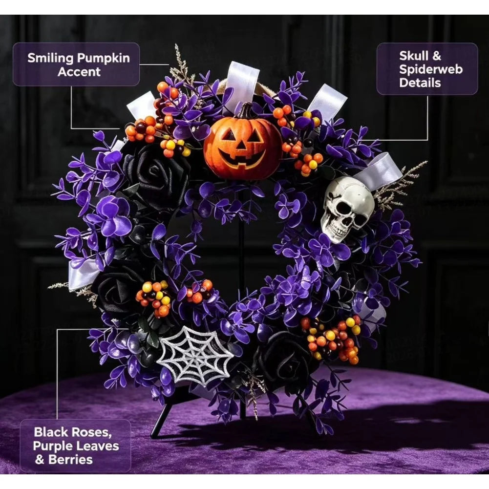 Guirlanda de Flores Artificiais Preta e Roxa para Decoração de Parede e Casa em Festas Temáticas de Halloween, Acessório de Feriado para Pendurar na Porta de Entrada, Interior e Exterior