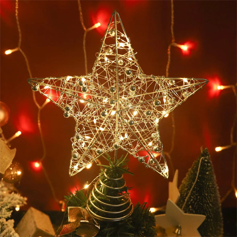 Estrela de Natal para Árvore com Luzes de Fio de Pérola Dourada e Prateada, Decoração de Árvore de Natal, Decoração de Casa para o Ano Novo, Enfeites de Natal.