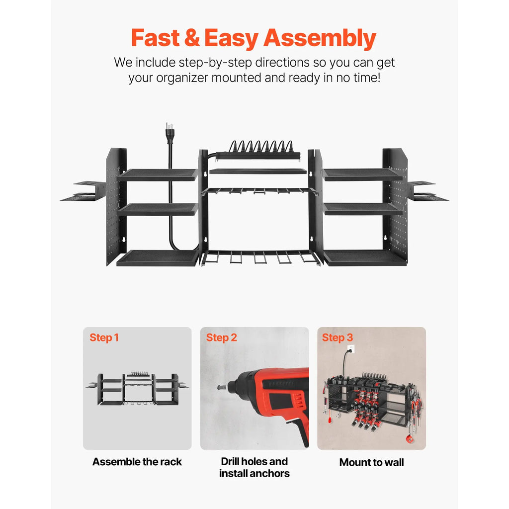 "Wall-mounted 3-layer Power Tool Charging Station with 5.58 ft Power Strip & 8 Drill Holders"