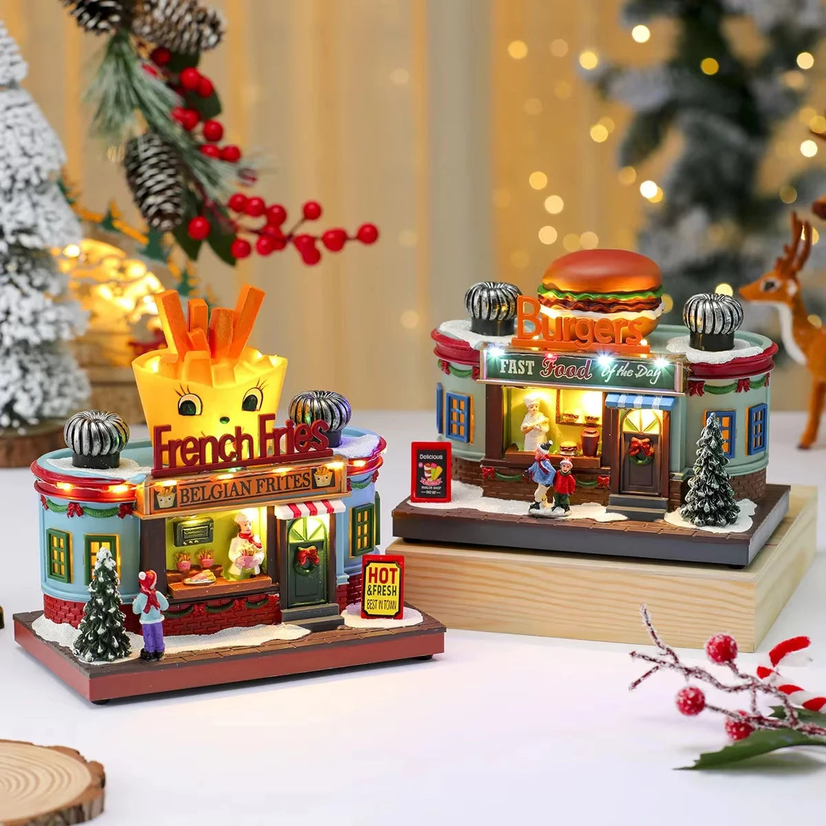 Caixa de Música Iluminada de Natal, Ornamento de Papai Noel em Resina, Caixa de Presente, Decoração de Natal para Casa, Cozinha, Café, Janela, Festa de Fim de Ano
