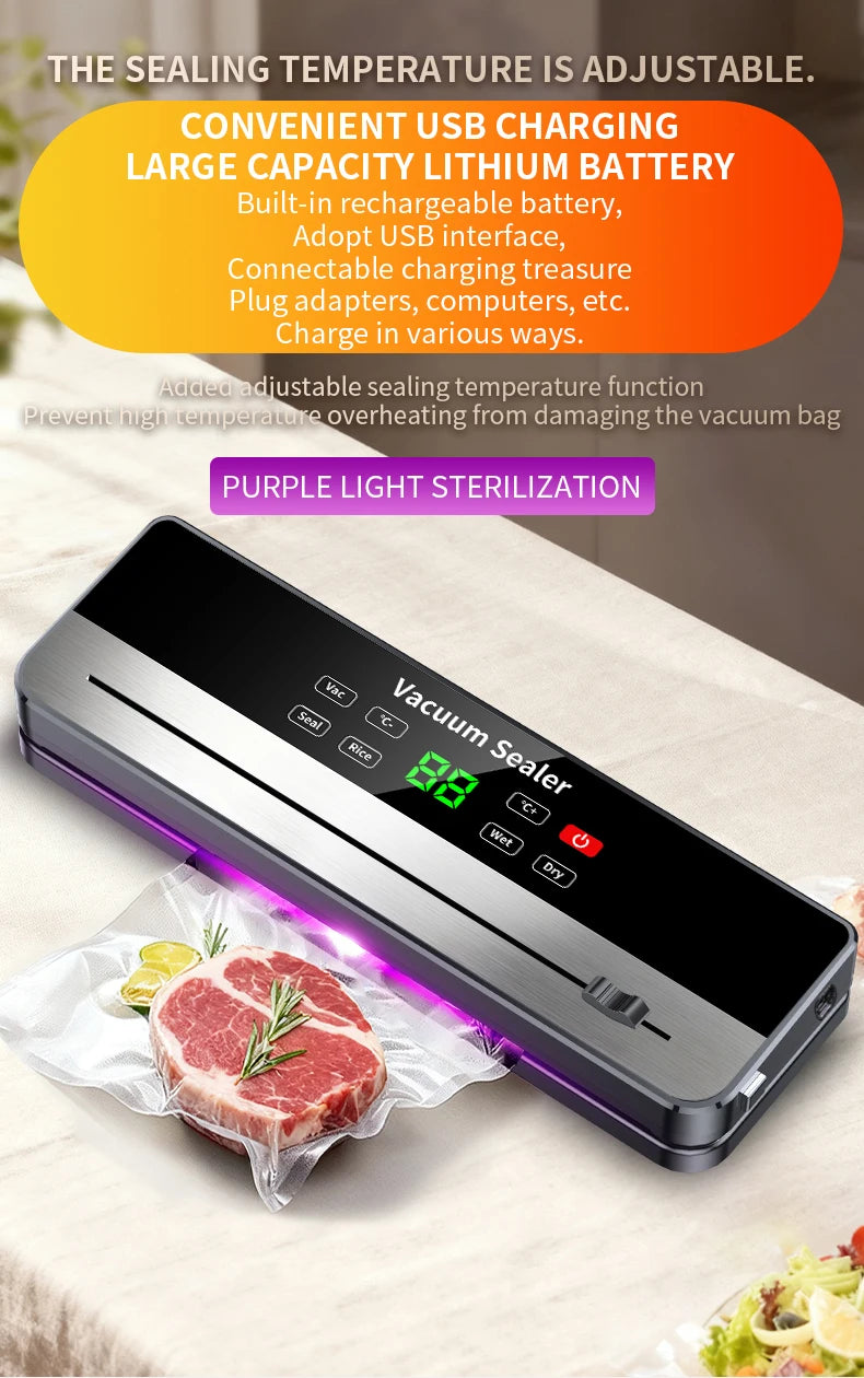 Selador a Vácuo Portátil com Forte Sucção e Carregamento Sem Fio USB |   Selador de Alimentos Secos/Úmidos para Cozinha