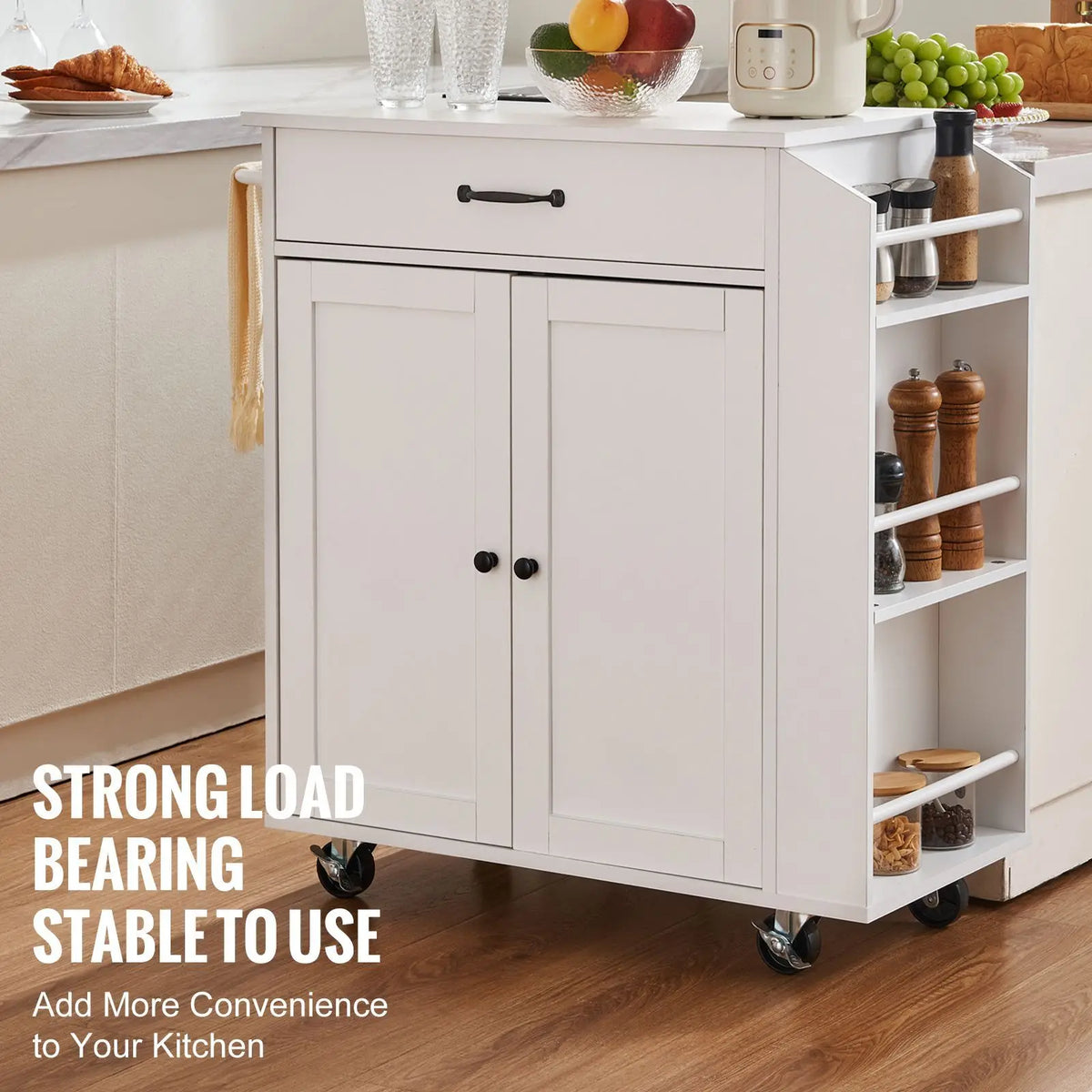 "Marble & Metal 32" Mobile Kitchen Cart with Storage Power Outlet Spice Rack & Towel Bar"