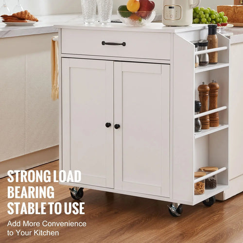 "Marble & Metal 32" Mobile Kitchen Cart with Storage Power Outlet Spice Rack & Towel Bar" - Kasa & Pet