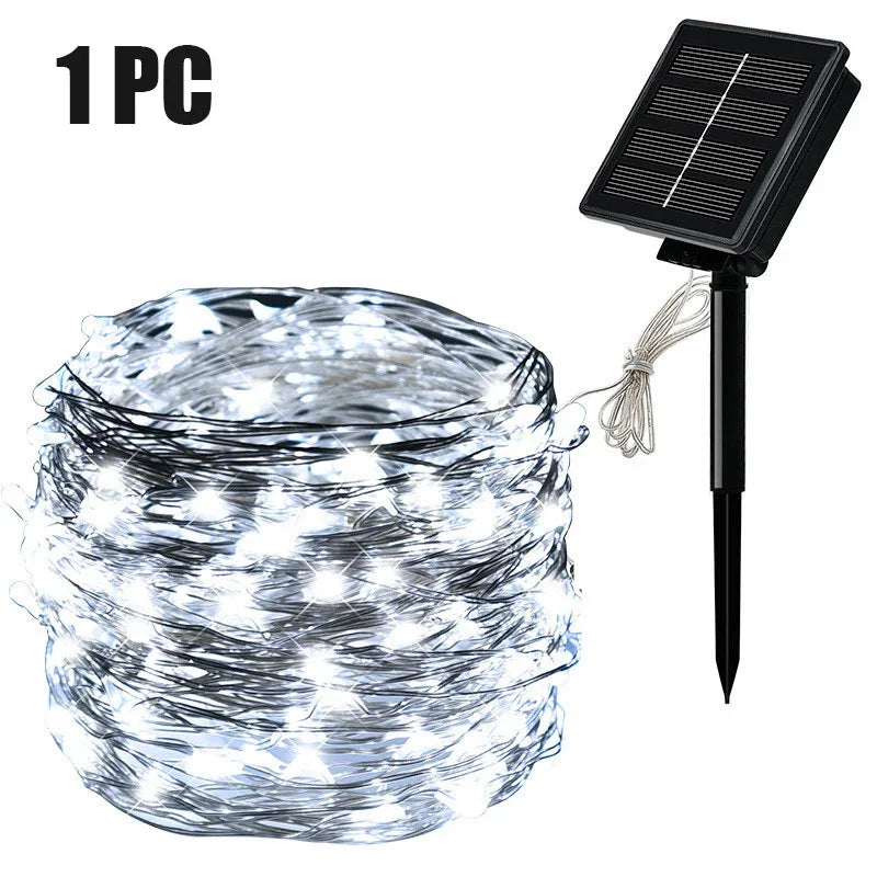 Luz solar ao ar livre da corda led guirlanda de fadas 8 modo jardim quintal festa decoração natal lâmpada fio cobre