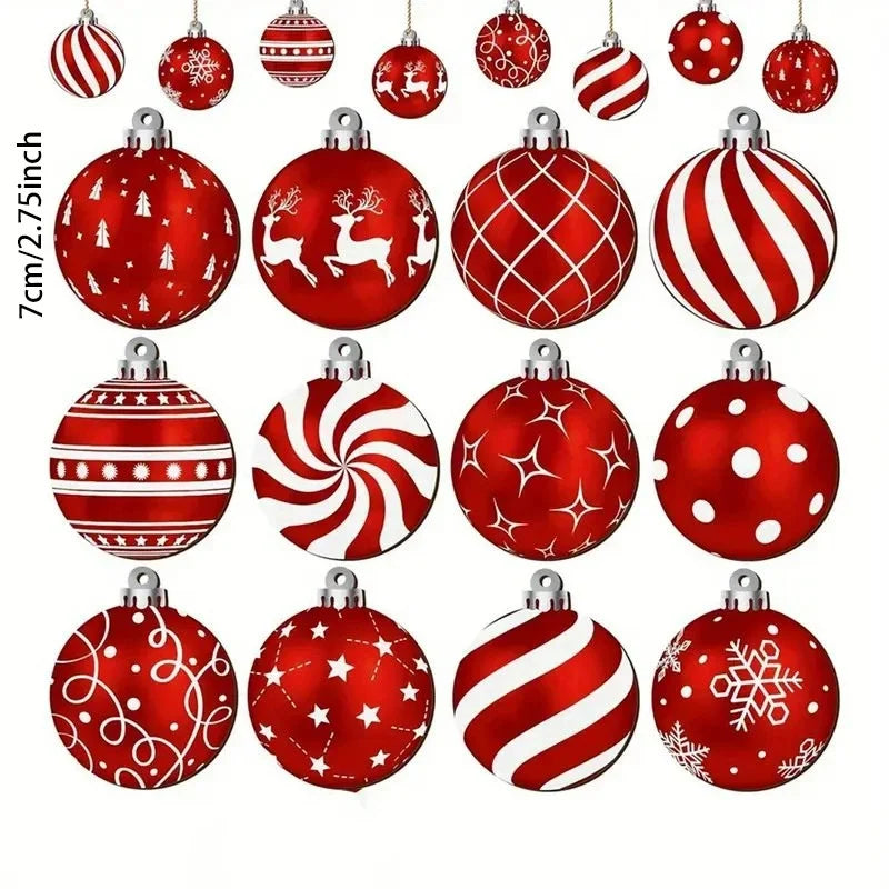 12 enfeites de Natal em forma de bolas de madeira, vermelhas, redondas, para pendurar, com padrão clássico.