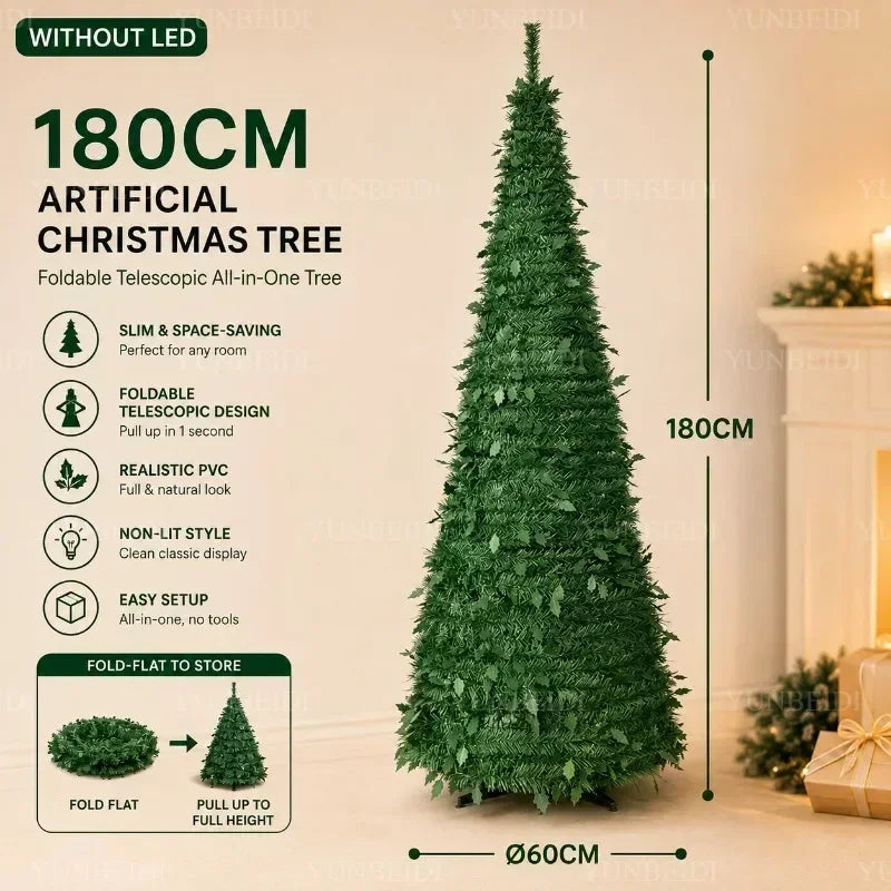 Árvores de Natal Artificiais com Luzes LED Decorativas, Tudo em Um, com Alturas de 1,5m a 2,1m, Decoração de Natal para Casa