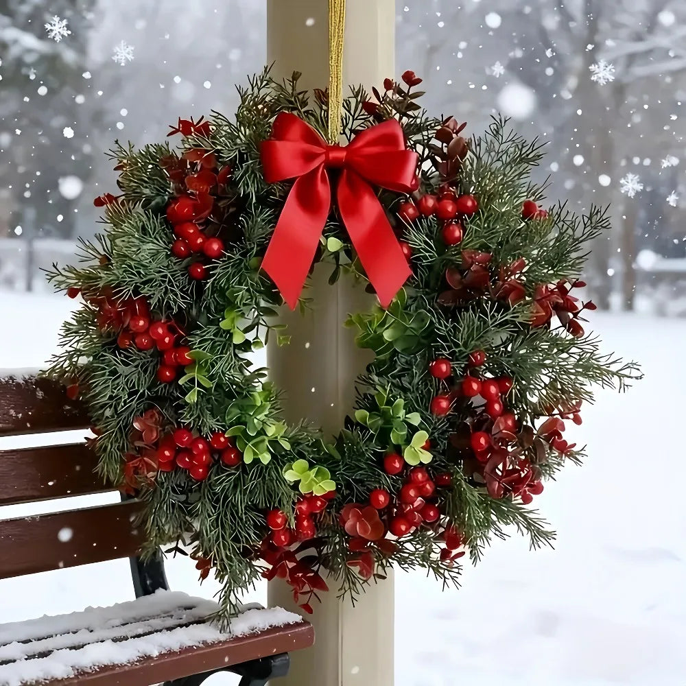 Guirlanda de Natal com Laço e Frutas Vermelhas, Incluindo Cranberries e Holly, para Decoração Interna e Externa
