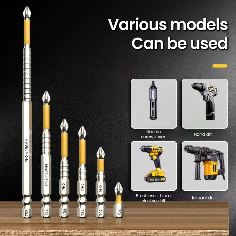 Brocas Longas de Aço Liga Antiderrapantes PH2, Ponta Magnética para Chave de Fenda, Broca de Impacto para Madeira 25/50/65/70/90/150mm