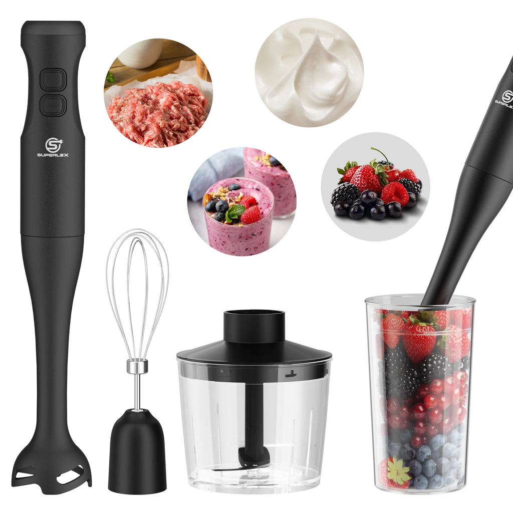SUPERLEX 350W Mixer de Imersão 4 em 1, Conjunto de Mixer Elétrico Portátil com Batedor, Copo Medidor de 500ml e Picador de 700ml, Controle de 2 Velocidades para Sopas, Smoothies, Papinhas e Carne Moída