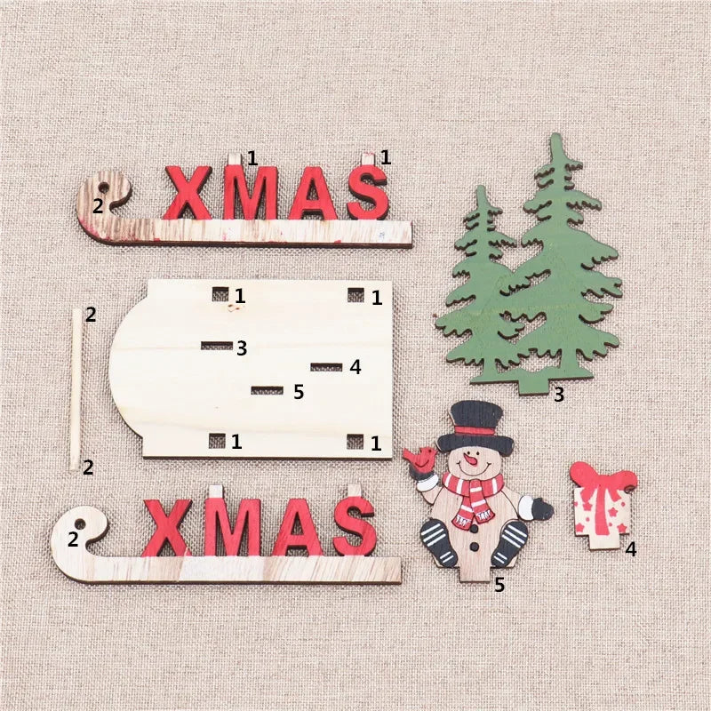 Decorações de natal de madeira diy trenó esqui dos desenhos animados santa ornamento de mesa presente das crianças pequeno presente