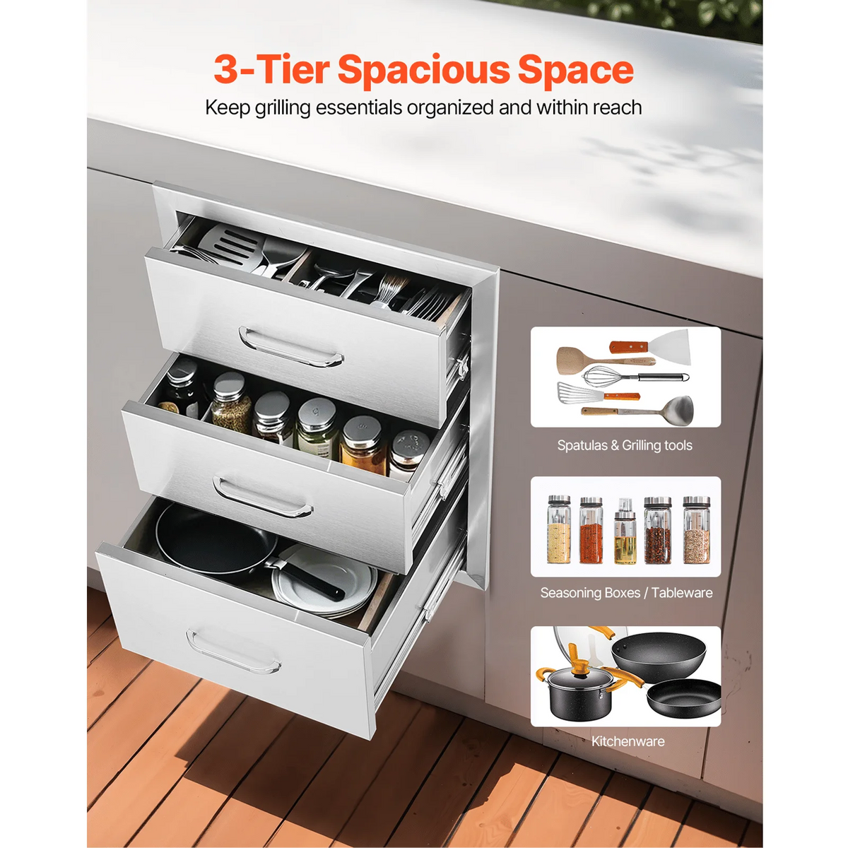 18x23 Inch Outdoor Kitchen Stainless Steel Triple Access BBQ Drawers with Chrome Handle 18 X23 X 23 Inch Kitchen Islands & Carts