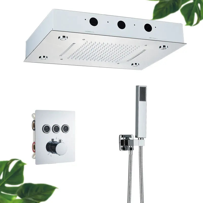 Torneira termostática de luxo para chuveiro, conjunto de chuveiro com led, montagem no teto, cascata e chuvas, sistemas de chuveiro de banheiro, misturador de chuveiro de 3 vias
