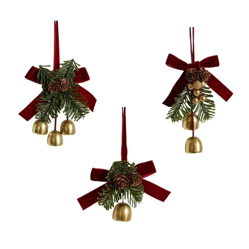 E8bd veludos bowknot pinha sinos árvore pendurado ornamento decoração para casa
