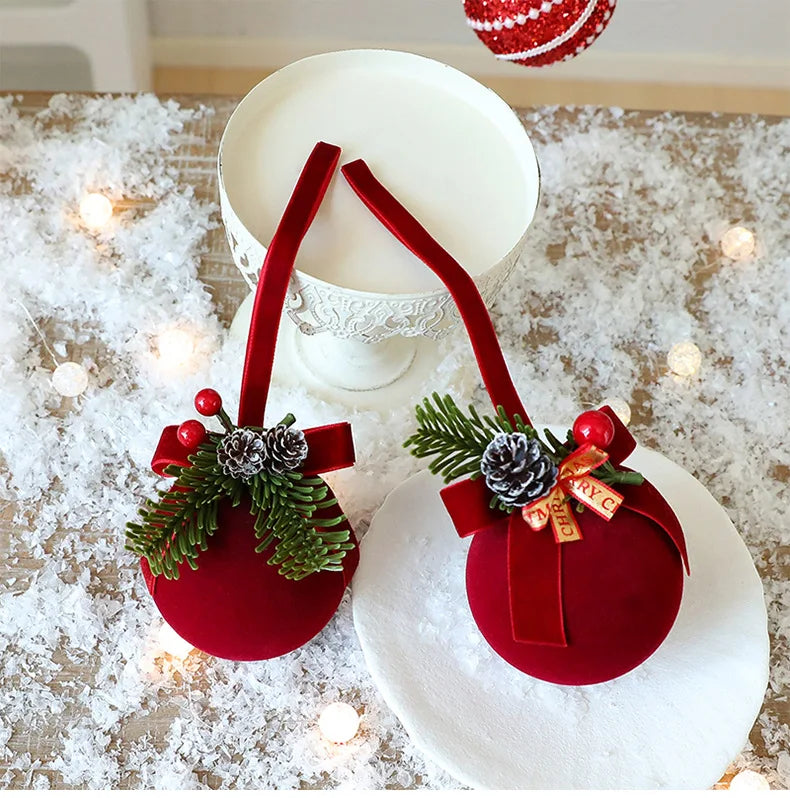 Enfeites de Natal em Veludo Vermelho, Bolas Flocadas, Sinos, Pingentes, Laços, Decoração para Casa, Presentes para Festa de Natal e Ano Novo