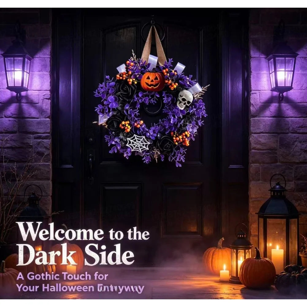 Guirlanda de Flores Artificiais Preta e Roxa para Decoração de Parede e Casa em Festas Temáticas de Halloween, Acessório de Feriado para Pendurar na Porta de Entrada, Interior e Exterior