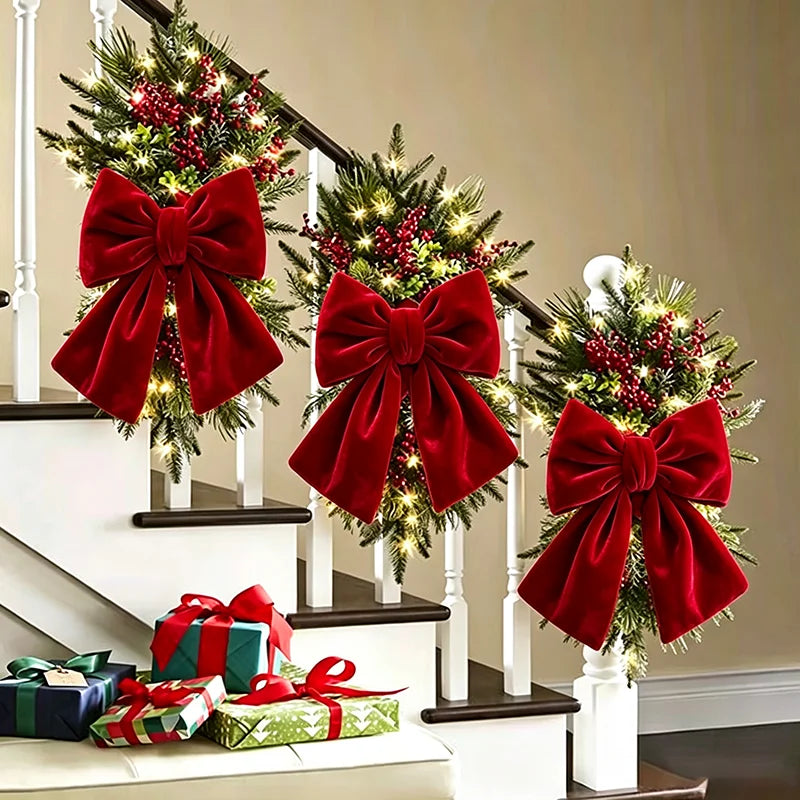 Decoração de laços de Natal, enfeites para árvores de Natal, laços de veludo vermelhos, enfeites pendentes para decoração de casa e festas de fim de ano.