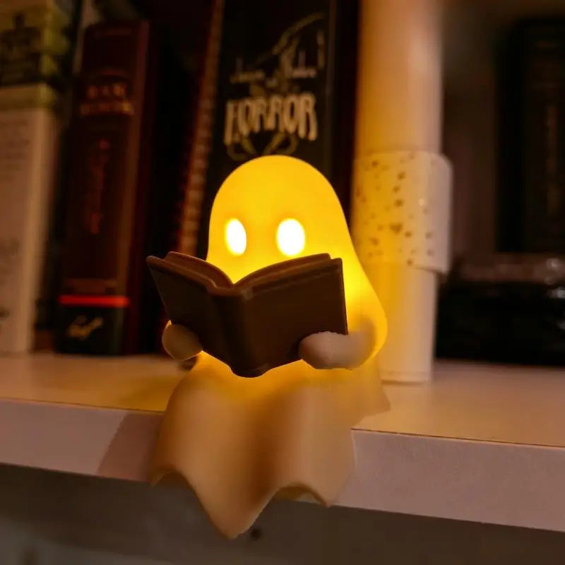 Luminária de Mesa em Formato de Fantasma Fofo Leitor de Livro, Decoração para Festa de Halloween, Enfeite para Quarto, Presente Infantil