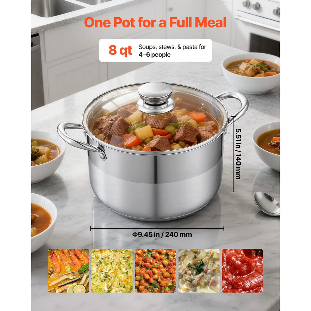 8 Quart Stainless Steel Stockpot with Glass Lid PFOA-Free PFAS-Free Sauce Pans Compatible with Gas Stoves Kitchen Essentials