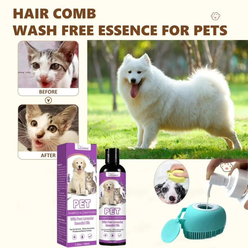 Shampoo e Condicionador para Animais de Estimação com Óleos Essenciais Puros de Lavanda, Fórmula Sem Lágrimas para Cães e Gatos, pH Balanceado, Cuidado Suave 100ml