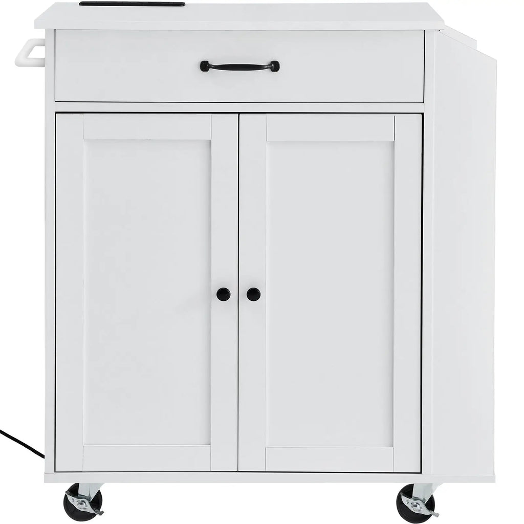 "Marble & Metal 32" Mobile Kitchen Cart with Storage Power Outlet Spice Rack & Towel Bar"