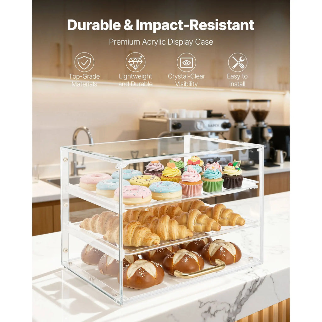 Commercial 3-Tier Countertop Bakery Display Case Clear Acrylic Pastry Bread Cake Cabinet for Kitchen & Party