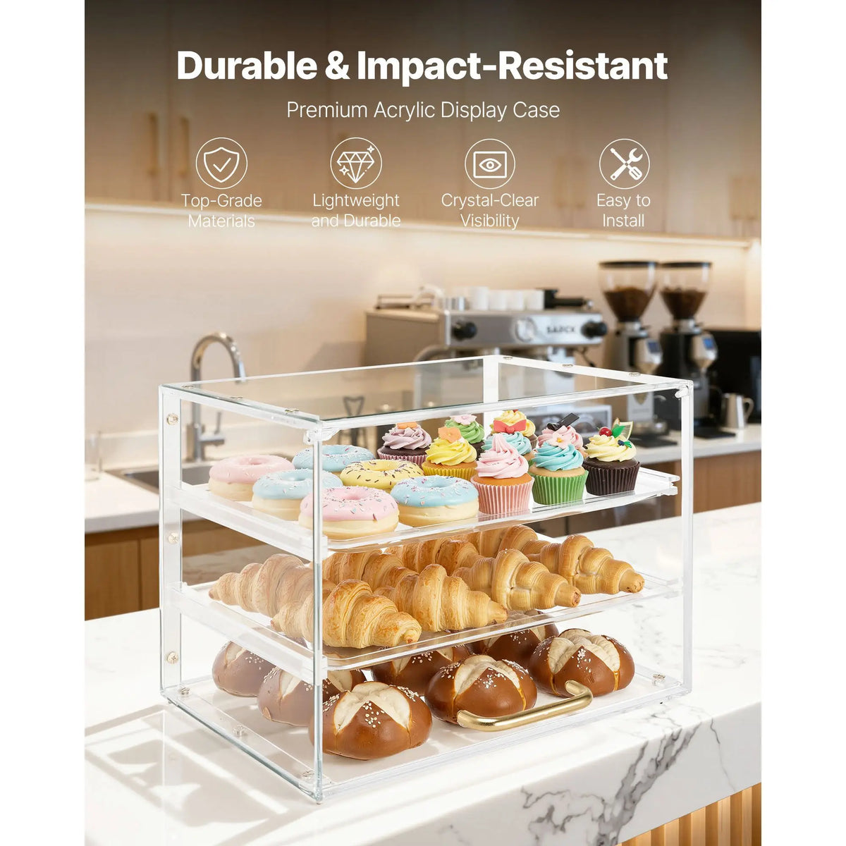 Commercial 3-Tier Countertop Bakery Display Case Clear Acrylic Pastry Bread Cake Cabinet for Kitchen & Party