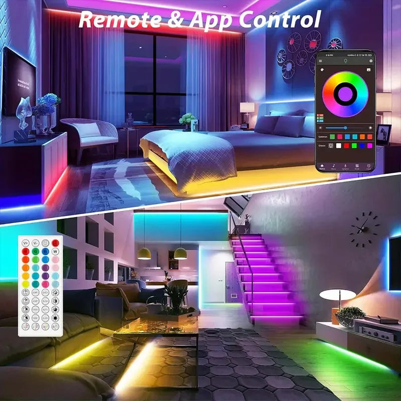 Fita LED RGB 5050 Colorida com Bluetooth para Decoração de Ambientes, 10m 15m 20m 30m, Iluminação LED Neon para PC e TV, Fita LED